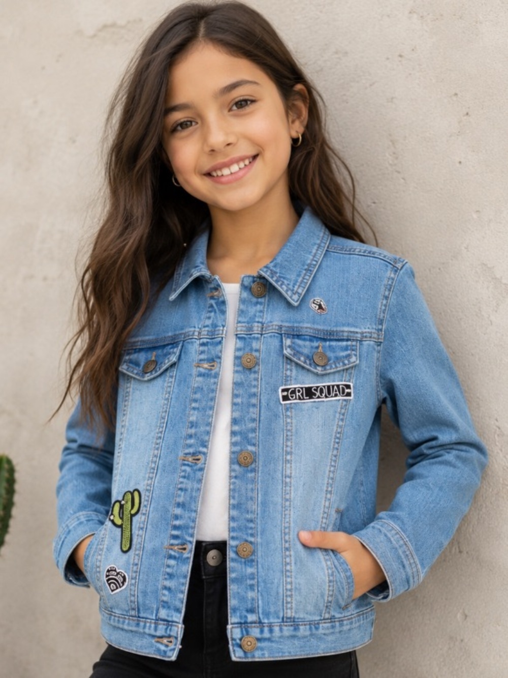 Epic Threads Light Blue Denim Jacket with Cactus and Text Patches